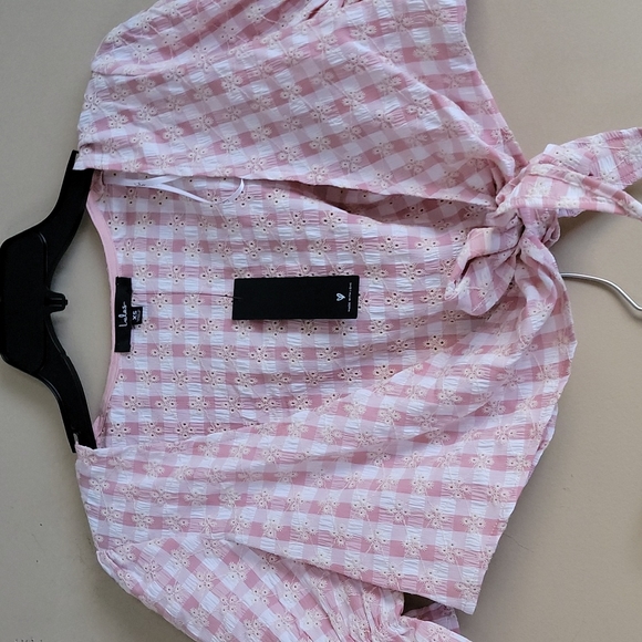 Lulus Patio Cutie Embroidered Pink Gingham Tie Front Top & Mini Skirt Set XS - Picture 12 of 16